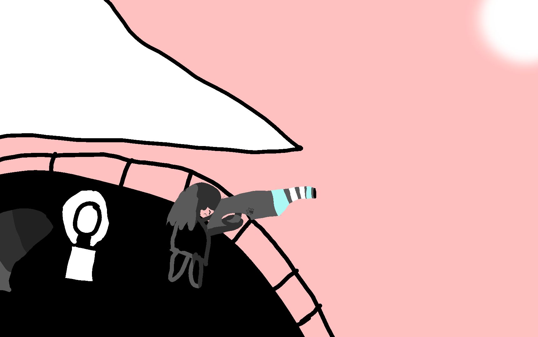 lily stands on top of the lighthouse, aiming her futuristic vun G the sun