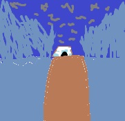 a blue forest with deeper blue skies. a brown path leads to a barn in the diastance.